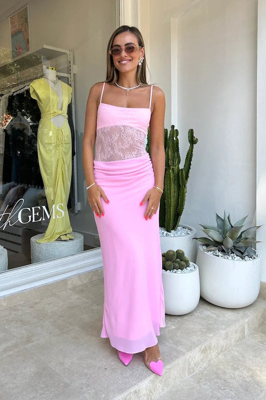 Xuewuba Dress Spaghetti Straps Maxi Dress Pink Summer Vacation Sleeveless Lace Waist Prom Dress
