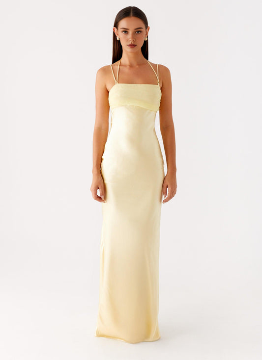 Xuewuba Dress Spaghetti Straps Maxi Dress Sleeveless Yellow Simple Sheath Satin Prom Dress