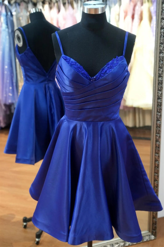 Xuewuba Dress Spaghetti Straps Royal Blue Ruched A-line Homecoming Dress