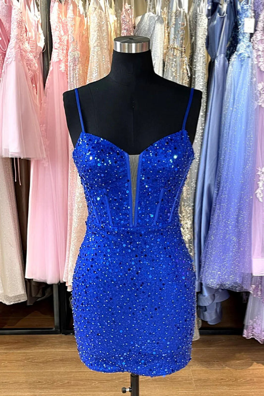 Xuewuba Dress Spaghetti Straps Royal Blue Sequin Tight Short Dress Homecoming Dress