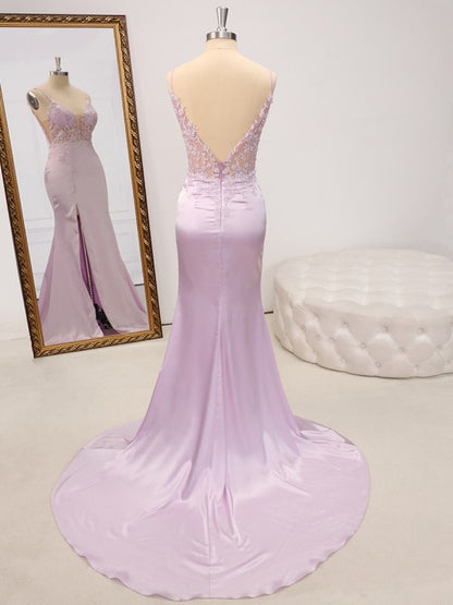 Xuewuba Dress Spaghetti Straps Sheath V-neck Appliques Lace Sweep Train Satin Dress Prom Dress