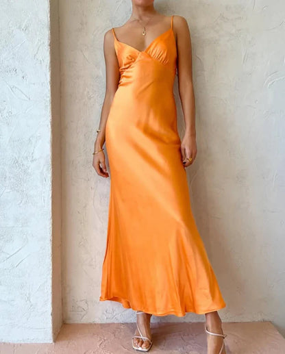 Xuewuba Dress Spaghetti Straps V Neck Simple Satin Long Prom Dress Party Dress
