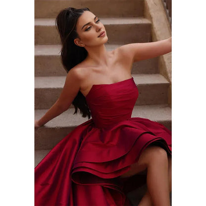 Xuewuba Dress Strapless High Low Burgundy Sleeveless Short Prom Dress Party Dress