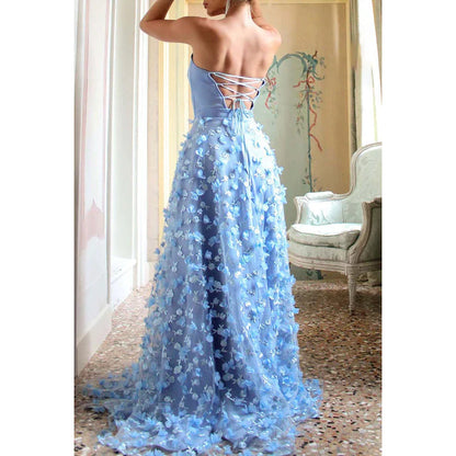 Xuewuba Dress Strapless Lace-Up Appliqued Tulle A-Line Long Prom Gown With Slit Party Dress