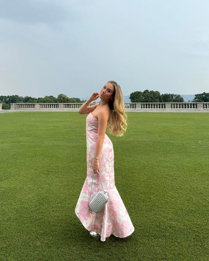 Xuewuba Dress Strapless Pink Elegant Fashion Floral Long Slim Fit Floor Length Ball Gown Evening Dress Prom Dress