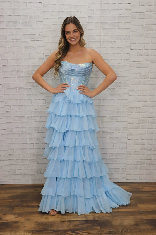 Xuewuba Dress Strapless Tube Top A-line Dress Three-dimensional Multi-layer Cut High Slit Shiny Floor-length Prom Dress