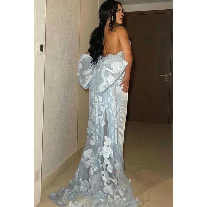 Xuewuba Dress Strapless Tulle Bow Sheath Long Prom Gown Sleeveless With Sweep Train Party Dress