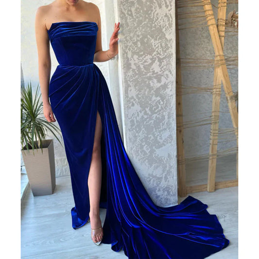 Xuewuba Dress Strapless Velvet Royal Blue Pleats Split Long Prom Dress with Train Party Dress Sleeveless With Slit