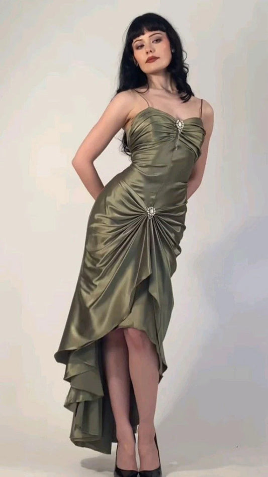Xuewuba Dress Stunning Mermaid Spaghetti Strap Rhinestone Green Satin Party Dress Evening Dress Sleeveless Prom Dress