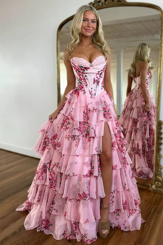 Xuewuba Dress Stunning Pink A-Line Sweetheart Long Print Tiered Prom Dress with Leg Slit Evening Dress