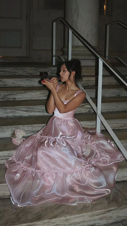 Xuewuba Dress Stylish A Line Spaghetti Straps Pink Long Prom Dress with Lace Evening Dress