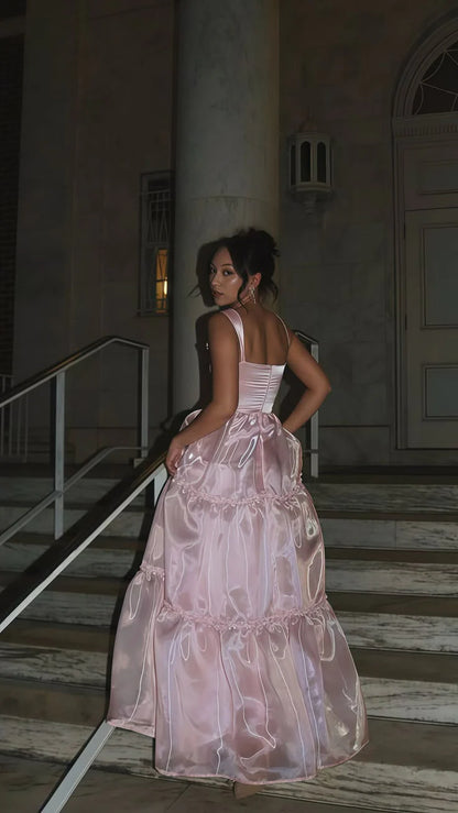 Xuewuba Dress Stylish A Line Spaghetti Straps Pink Long Prom Dress with Lace Evening Dress
