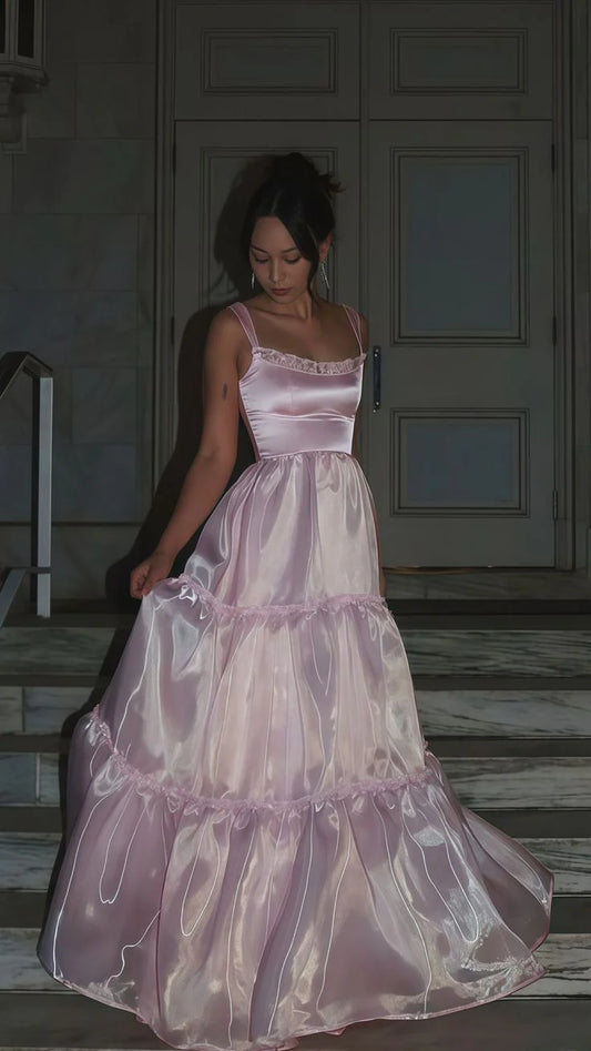 Xuewuba Dress Stylish A Line Spaghetti Straps Pink Long Prom Dress with Lace Evening Dress