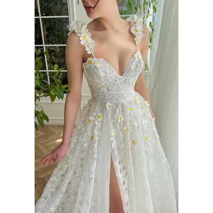 Xuewuba Dress Sweetheart Appliqued Sheer Lace A-Line Long Prom Evening Party Dress Sleeveless With Slit