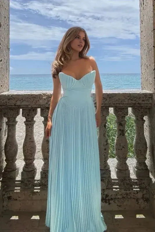 Xuewuba Dress Sweetheart Strapless Sleeveless Chiffon Blue A-line Long Evening Prom Dresses