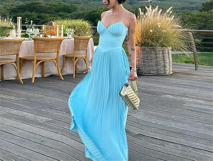 Xuewuba Dress Sweetheart Strapless Sleeveless Chiffon Blue A-line Long Evening Prom Dresses