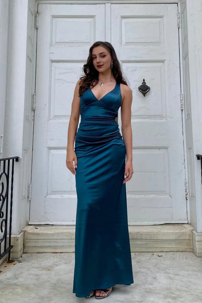 Xuewuba Dress V-neck Ink Blue Criss-cross Back Long Dress Prom Dress
