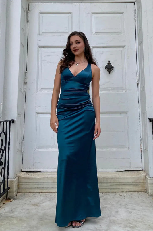 Xuewuba Dress V-neck Ink Blue Criss-cross Back Long Dress Prom Dress
