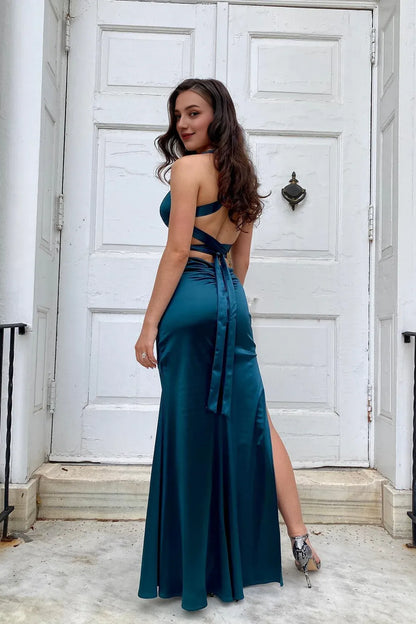 Xuewuba Dress V-neck Ink Blue Criss-cross Back Long Dress Prom Dress