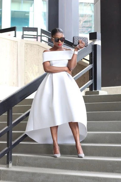 Xuewuba Dress White Simple Prom Dresses Off-the-Shoulder Party Dresses High Low Hem with Sleeveless Prom Dresses