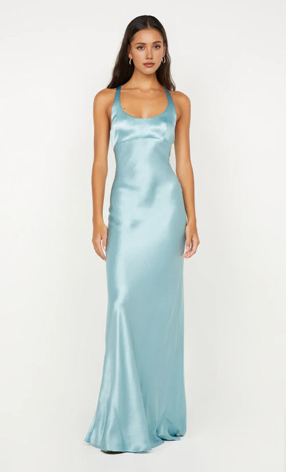 Xuewuba Dress Wide Straps Scoop Sleeveless Evening Dress Sea Spray Prom Dress Sheath Open Back Maxi Dress