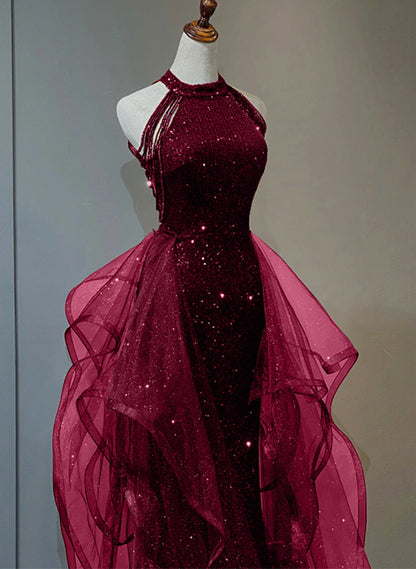 Xuewuba Dress Wine Red Sequins with Tulle Long Party Dress Wine Red Halter Evening Dress Prom Dress Formal Wear Dresses