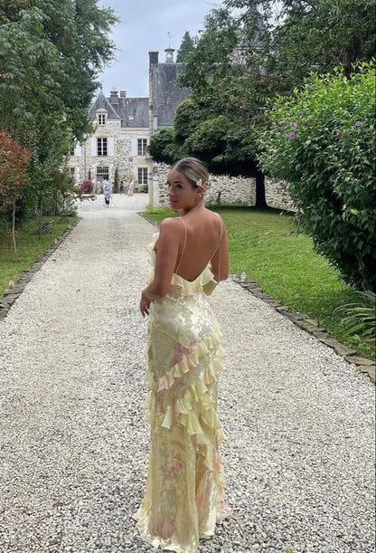Xuewuba Dress Yellow Fashion Elegant Layered Tulle Long Ball Gown Backless Mermaid Slim Fit Evening Gown Party Dress Prom Dress