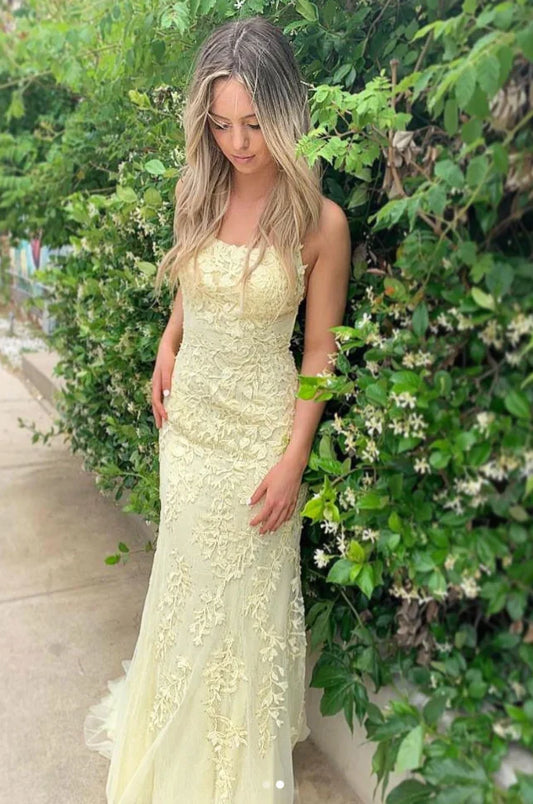 Xuewuba Dress Yellow Tulle Lace Backless Long Evening Dress With Applique Prom Dress
