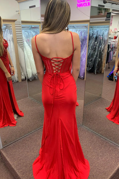 Xuewuba Spaghetti Straps Red Appliques Long Dress with Slit Prom Dress