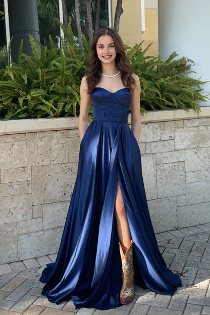 Xuewuba Straps Navy Blue Satin A-line Long Dress with Slit Prom Dress