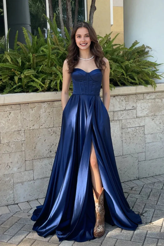 Xuewuba Straps Navy Blue Satin A-line Long Dress with Slit Prom Dress