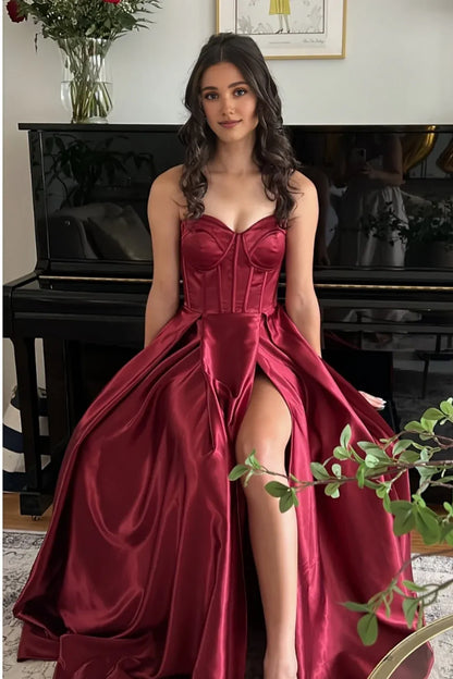 Xuewuba Straps Navy Blue Satin A-line Long Dress with Slit Prom Dress