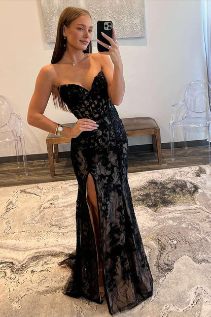 Xuewuba V-neck Black Lace Appliques Mermaid Long Dress Prom Dress