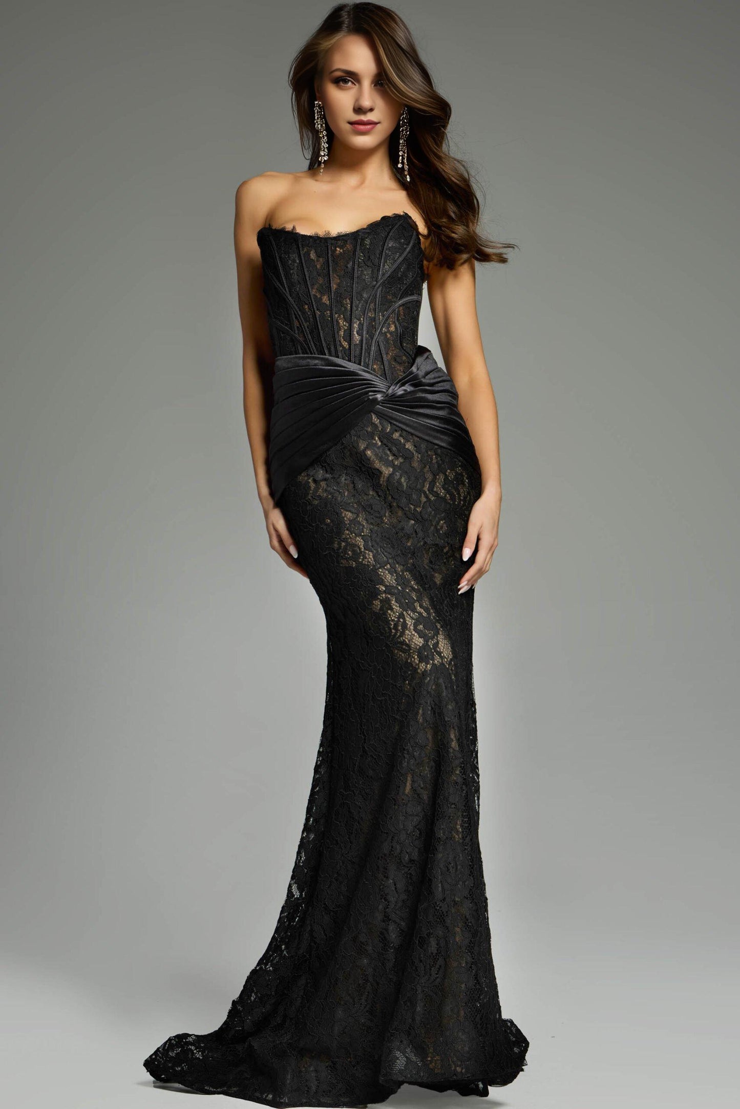 Xuewuba Dress Simple Strapless Black Lace Gown with Draped Satin Waist Prom Dress Formal Wear Dresses