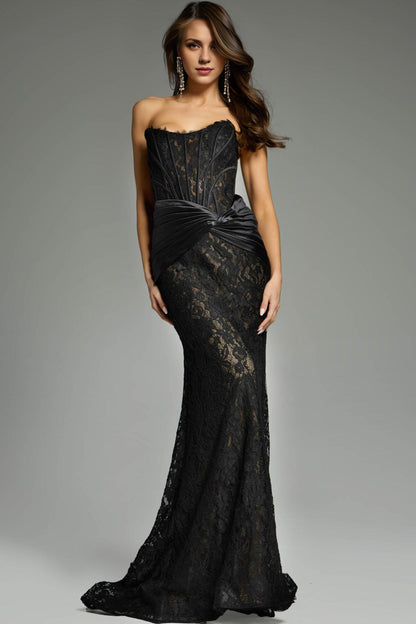 Xuewuba Dress Simple Strapless Black Lace Gown with Draped Satin Waist Prom Dress Formal Wear Dresses