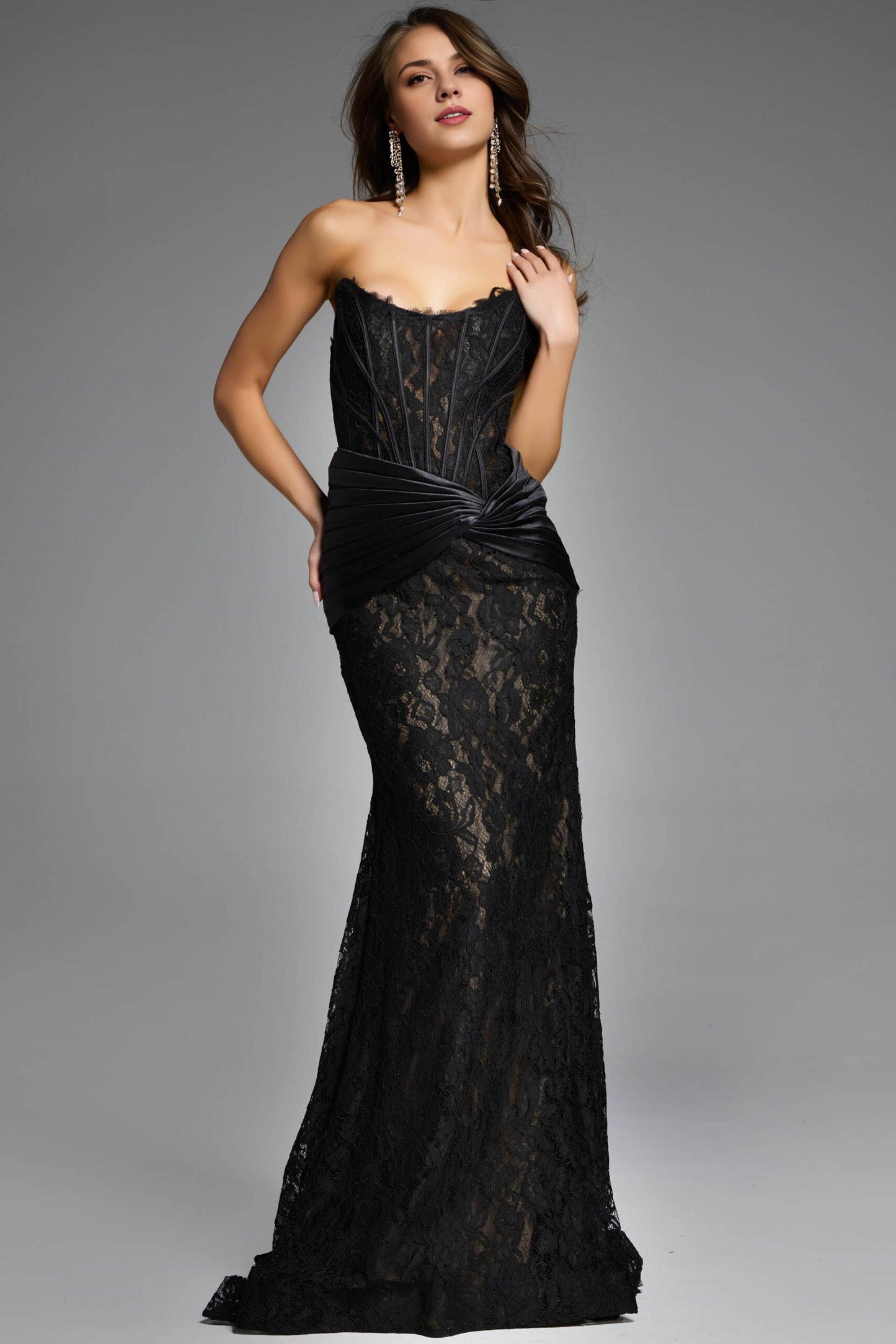 Xuewuba Dress Simple Strapless Black Lace Gown with Draped Satin Waist Prom Dress Formal Wear Dresses