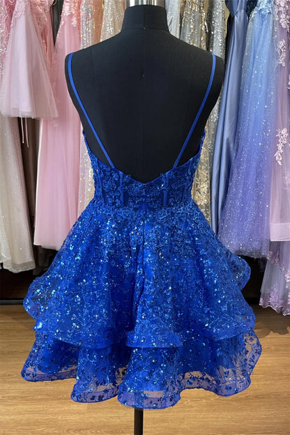 Xuewuba Dress Spaghetti Straps Royal Blue Ruffles A-line Homecoming Dress