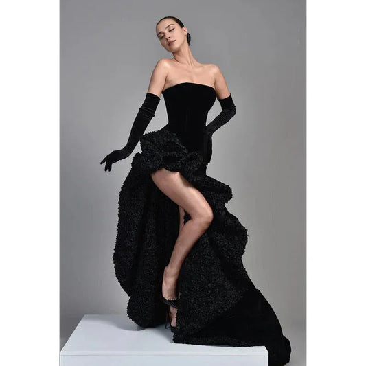 Xuewuba Dress Strapless Thigh Slit Velvet A-Line Sleeveless Prom Gown With Sweep Train Party Dress