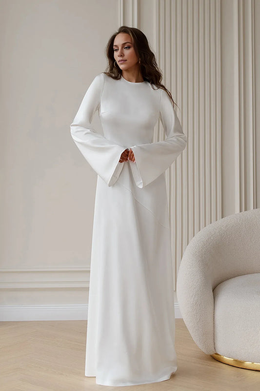 Xuewuba Dress White Satin Backless Maxi Dress Party Dress Elegant Long Sleeves Prom Dress
