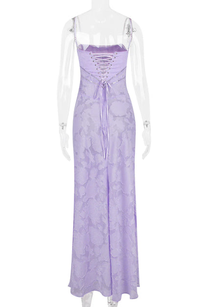 Xuewuba Spaghetti Straps Lilac Lace-up Back Long Lace Dress Prom Dress