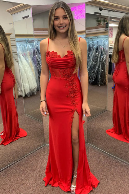 Xuewuba Spaghetti Straps Red Appliques Long Dress with Slit Prom Dress
