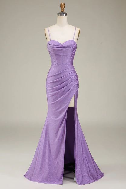 Mermaid Spaghetti Straps Satin Corset Prom Dress With Slit