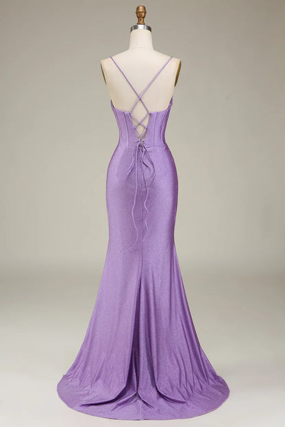 Mermaid Spaghetti Straps Satin Corset Prom Dress With Slit