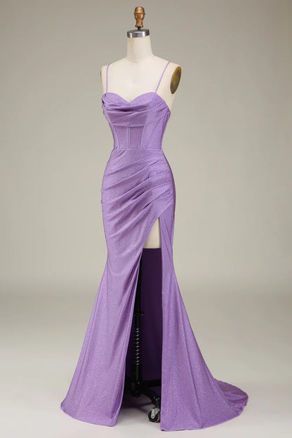 Mermaid Spaghetti Straps Satin Corset Prom Dress With Slit