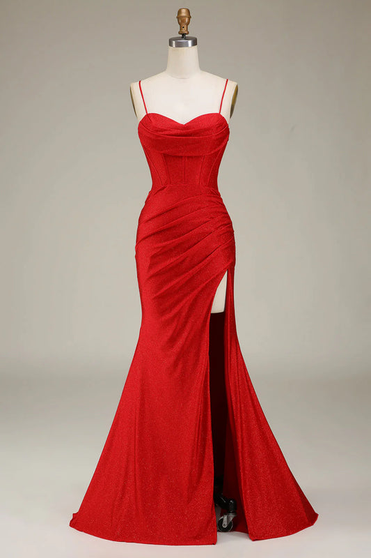 Mermaid Spaghetti Straps Satin Corset Prom Dress With Slit