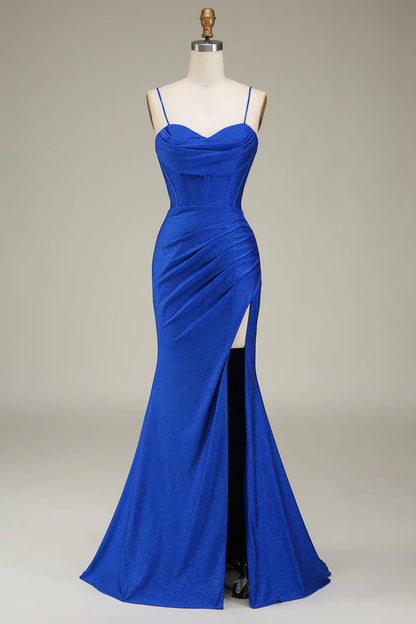 Mermaid Spaghetti Straps Satin Corset Prom Dress With Slit