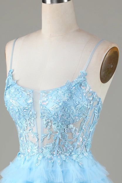 A Line Cute Blue Homecoming Dress With Appliques
