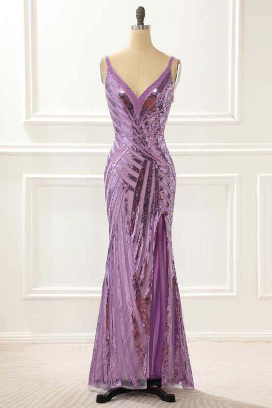 V-Neck Sparkly Purple  Prom Dress With Slit