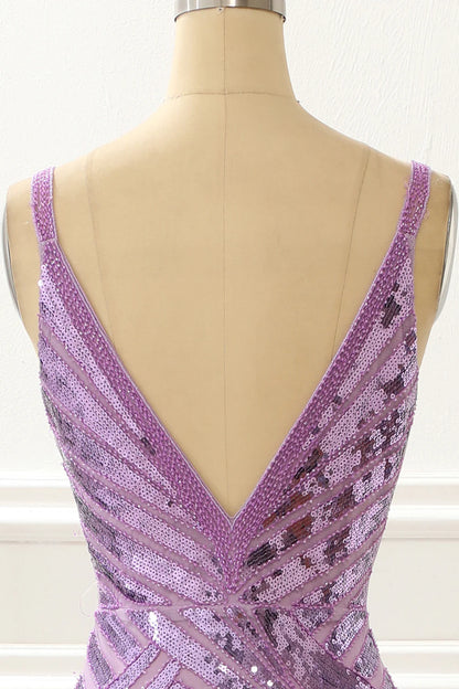 V-Neck Sparkly Purple  Prom Dress With Slit