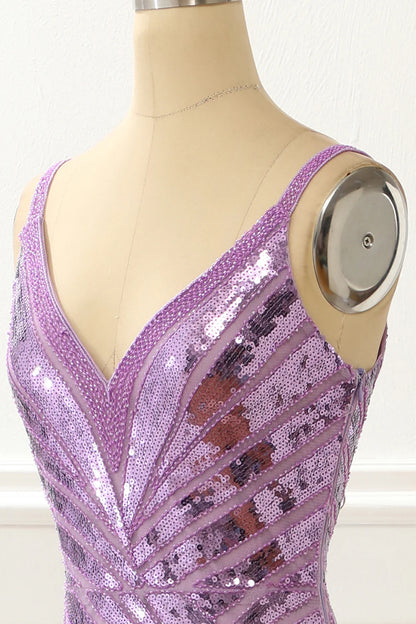 V-Neck Sparkly Purple  Prom Dress With Slit